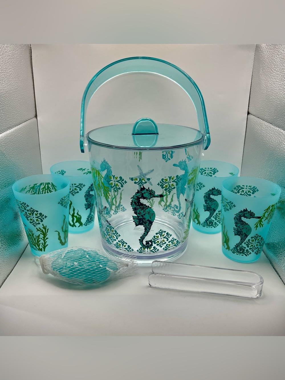 Vintage 80s Seahorse Acrylic Ice Bucket and Tumbler Set - Turquoise